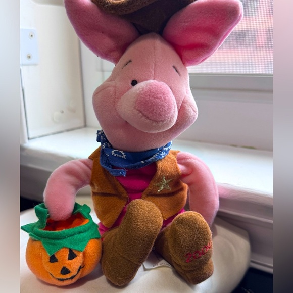 🐷 Vintage 2000’s Disney Pink Plush Piglet in Cowboy Outfit for Halloween - Picture 1 of 15